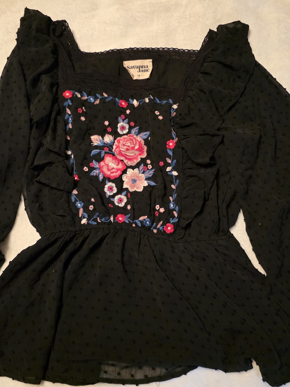 Savanna Jane Black Blouse with Pink and Blue Floral Embroidery